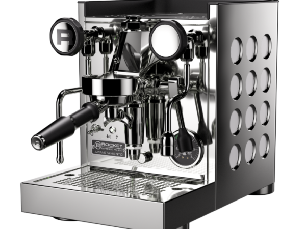 Cafetera espresso premium Rocket Appartamento TCA color blanco con paneles laterales circulares y grupo de extracción E61